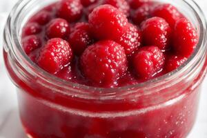 Himbeere Marmelade im Glas Gläser auf ein Weiß Hintergrund. selektiv Fokus. generativ ai foto