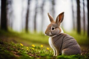 Hase im das Wald beim Sonnenuntergang. Tier im Natur. Ostern Hase. Tierwelt Szene. generativ ai foto