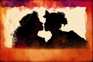 Stolz Monat.an Illustration von zwei Frauen küssen.lesbisch Paar Ausgaben Zeit zusammen. lgbtq. generativ ai foto
