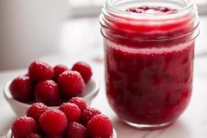 Himbeere Marmelade im Glas Gläser auf ein Weiß Hintergrund. selektiv Fokus. generativ ai foto