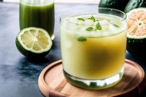 Gurke Smoothie im ein Glas auf ein schwarz Hintergrund. Grün Smoothie mit Limette und Minze. gesund Essen Konzept. generativ ai foto