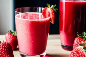 frisch Erdbeere Smoothie im ein Glas auf ein hölzern Tisch., Nahaufnahme. gesund Essen Konzept. generativ ai foto