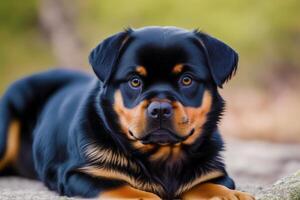 Rottweiler. Porträt von ein schön Rottweiler Hund spielen im das Park. generativ ai foto