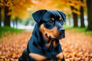 Rottweiler. Porträt von ein schön Rottweiler Hund spielen im das Park. generativ ai foto