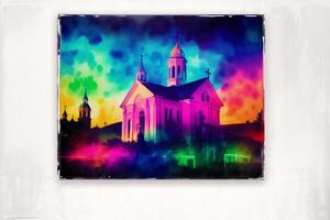 Kirche Silhouette auf ein bunt Hintergrund. abstrakt bunt Hintergrund. Aquarell malen. Digital Kunst, generativ ai foto