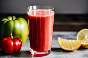 frisch Tomate Saft im ein Glas auf ein hölzern Hintergrund, Nahaufnahme. gesund Essen Konzept. generativ ai foto