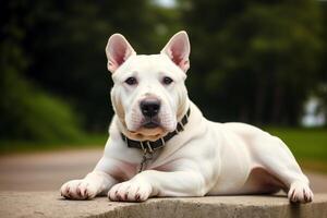 Porträt von ein Weiß Stier Terrier Hund Stehen im das Park. generativ ai foto