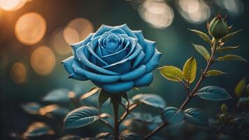 Blau Rose mit ein Sonnenuntergang Licht und Bokeh Hintergrund, ai generiert foto