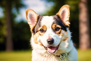 Porträt von ein süß Strickjacke Walisisch Corgi Hund Stehen im das Park. generativ ai foto