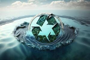 recyceln Symbol im das Ozean. generativ ai Grün Energie Konzept, Nein Mehr Müll und Plastik im Meer. speichern das Ozean von Müll. schützen das Ozeane und Meere. Öko Leistung foto