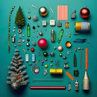 einstellen realistisch Weihnachten Objekte Design, Kiefer Geäst, Kiefer Kegel, dekorativ Schneeflocke, Weihnachten Ball und Konfetti, Glocken, und alt betrachten, Knolling Fotografie von Weihnachten liefert , beschwingt. eben legen foto