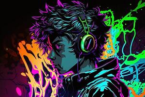 generativ ai ein Neon- Spieler Anime Mode Junge oder Mann tragen Kopfhörer, hat verloren im seine Musik. abstrakt Hintergrund Das weckt das Gefühl von anders Genres von Musik. Banner Musik- Konzept foto