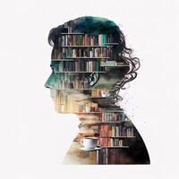 generativ ai ein Bücherregal voll von Bücher, doppelt Exposition jung Mann vermischt Bild, Vorderseite Profil auf Weiß Hintergrund. kreativ Ideen, Wissen und Kompetenzen von Person im Sozial Netzwerk. foto