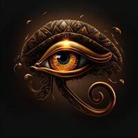 generativ ai das golden Auge von Horus mit golden bewirken auf schwarz Hintergrund, Darstellung von das Solar- Auge oder das Auge von Ra, Symbol von das uralt ägyptisch Gott von das Sonne foto