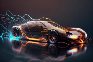 hyper Auto Neon- Hintergrund generiert ai. rationalisieren Prüfung Über das modern Auto Design, diffus Plastik Optik, etwas glühend Konturen erleuchten das Auto Einzelheiten, dunkel Szene, filmisch Blitz foto