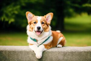 Porträt von ein süß Strickjacke Walisisch Corgi Hund Stehen im das Park. generativ ai foto