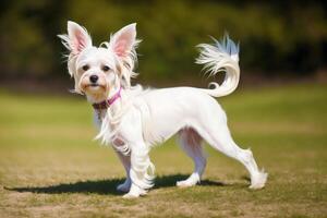 Porträt von ein süß Westen Hochland Weiß Terrier Hund Stehen auf das Straße im das Park. Yorkshire Terrier. generativ ai foto