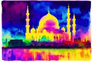 Silhouette von Moschee auf bunt Hintergrund. Ramadan karem. abstrakt bunt Hintergrund. Aquarell malen. Digital Kunst, generativ ai foto