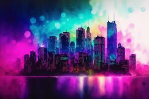 abstrakt bunt Aquarell Hintergrund mit Wolkenkratzer. schön Silhouette von das Stadt. Digital Kunst, generativ ai foto