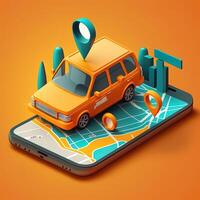 online Handy, Mobiltelefon Anwendung Taxi Bestellung Bedienung , Orange Taxi Auto Fahren entlang das Route zu das Marker auf ein Clever Telefon, auf ein Stadt Karte. Auto und Satellit Navigation Systeme Konzept. generativ ai foto