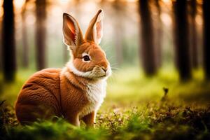 Hase im das Wald beim Sonnenuntergang. Tier im Natur. Ostern Hase. Tierwelt Szene. generativ ai foto