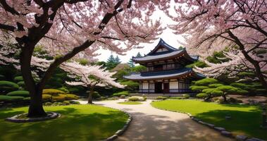 japanisch Tempel im Frühling mit Blühen Kirsche Baum. Digital Malerei..Aquarell malen. Digital Kunst, generativ ai foto