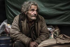 obdachlos Mann Porträt. alt bärtig Mann. generativ ai foto