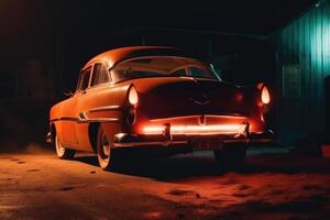 beleuchtet retro klassisch Auto beim Nacht. generativ ai foto