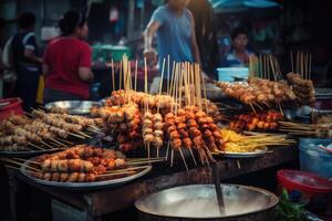 asiatisch Straße Lebensmittel. traditionell orientalisch Geschirr beim Straße Markt. generativ ai foto