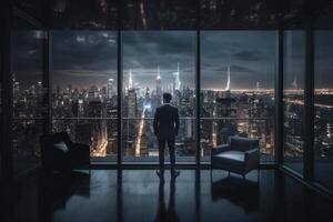 Geschäftsmann Stehen in der Nähe von Fenster mit Aussicht beim Nacht Stadt. generativ ai foto