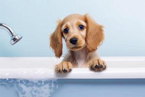 Waschen Haustier. süß Hund im Bad auf Blau Hintergrund. generativ ai foto