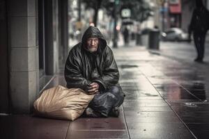 obdachlos Mann Porträt. alt bärtig Mann. generativ ai foto