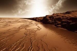 rot Planet Landschaft mit Wasser im Boden. Mars Kolonisation. generativ ai foto