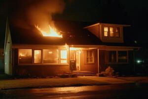 Verbrennung Haus im das Nacht. Wohn Haus im Feuer. generativ ai foto