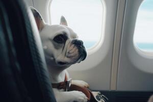 Hund in der Nähe von Fenster auf Tafel ein Flugzeug Reisen mit Haustiere. generativ ai foto