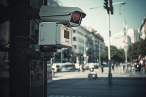 Überwachung Kamera beim Stadt Straße. cctv Überwachung System. generativ ai foto