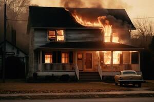 Verbrennung Haus im Vorort. Wohn Haus im Feuer. generativ ai foto