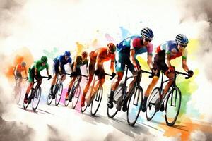 Radfahrer Mannschaft Reiten auf Fahrräder, Farbe Zeichnung. Fahrrad Rennen Banner. generativ ai foto