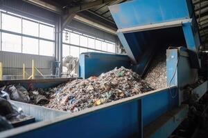 Förderer Gürtel mit Stapel von Abfall beim Recycling Pflanze. generativ ai foto