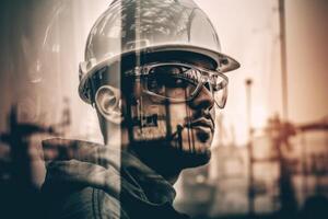 Silhouette von industriell Arbeiter mit Öl Raffinerie Pflanze wie Hintergrund. generativ ai foto