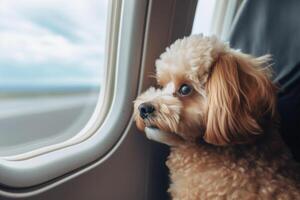 Hund in der Nähe von Fenster auf Tafel ein Flugzeug Reisen mit Haustiere. generativ ai foto