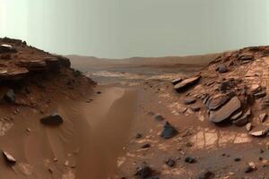 rot Planet Landschaft mit Wasser im Boden. Mars Kolonisation. generativ ai foto