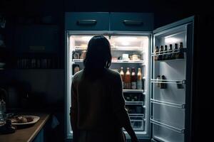 hungrig Frau suchen zum Essen im Kühlschrank beim Nacht. generativ ai foto