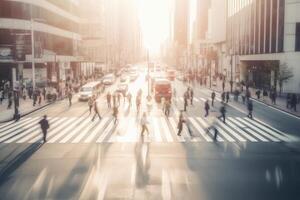 Menschen Gehen beim Stadt Straße, Bewegung verwischen Wirkung. generativ ai foto