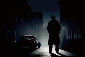 Silhouette von Mann im alt gestaltet Hut und Mantel beim Nacht Straße. generativ ai foto