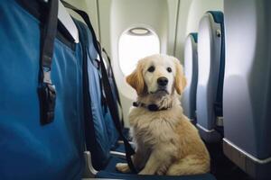 Hund in der Nähe von Fenster auf Tafel ein Flugzeug Reisen mit Haustiere. generativ ai foto