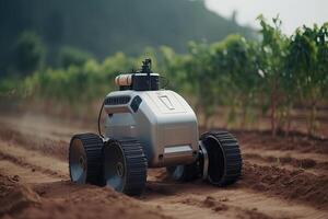 unbemannt Roboter Arbeiten im landwirtschaftlich Feld. generativ ai foto