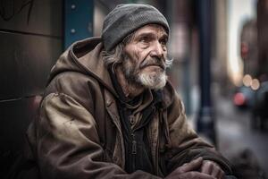 obdachlos Mann Porträt. alt bärtig Mann. generativ ai foto