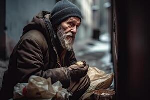 obdachlos Mann Porträt. alt bärtig Mann. generativ ai foto