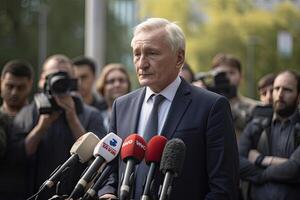 Politiker geben Rede beim Drücken Sie Konferenz. generativ ai foto